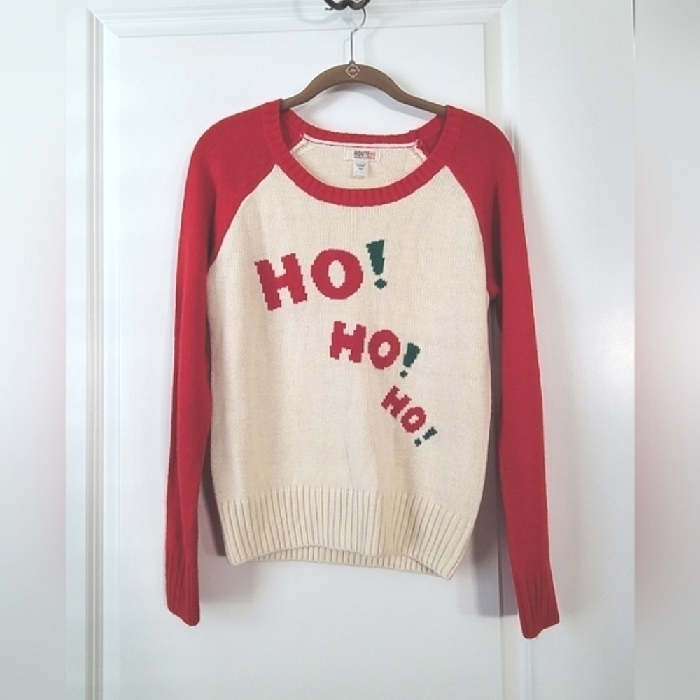 Ugly Christmas Ho Ho Sweater Raglan Sleeve Small Red Ivory